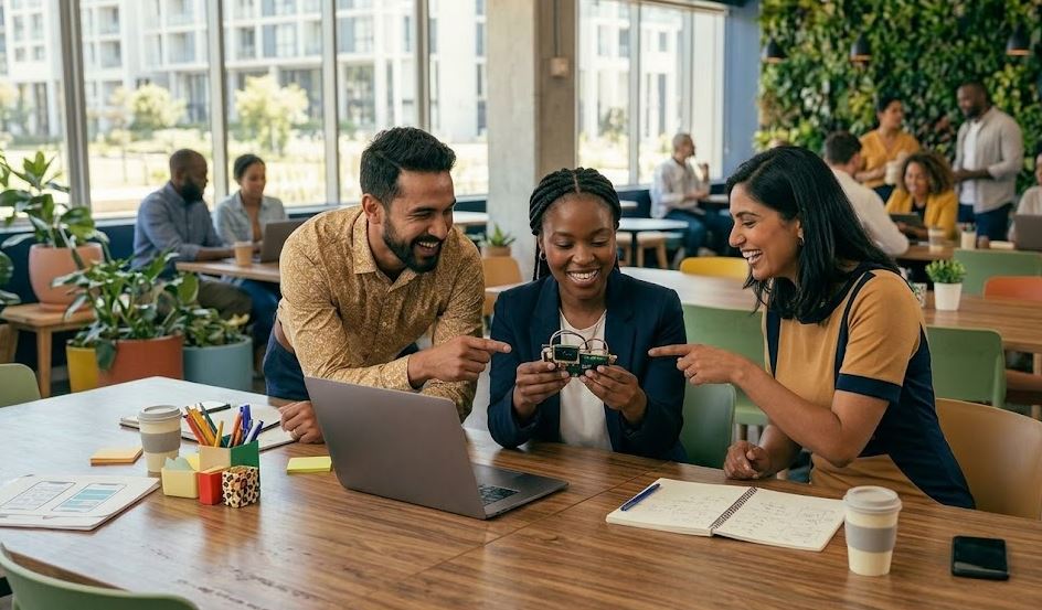Three South African founders examining an early prototype together in a co-working space